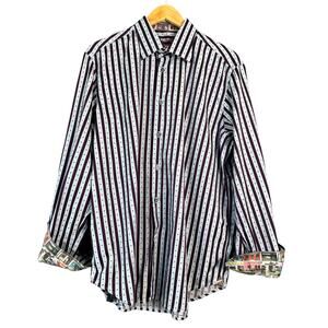 Robert Graham Shirt‎ Mens L/XL Blue Purple Striped City Print Flip Cuff Casual